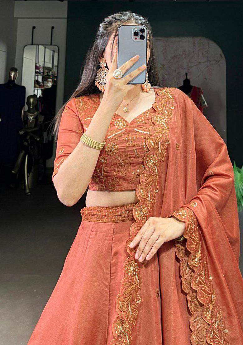 Orange Solid Blended Lehenga Set With Dupatta - Indya