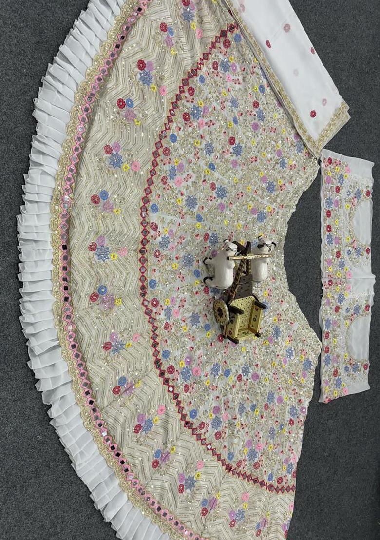 White Embroidered Blended Lehenga Set With Dupatta - Indya