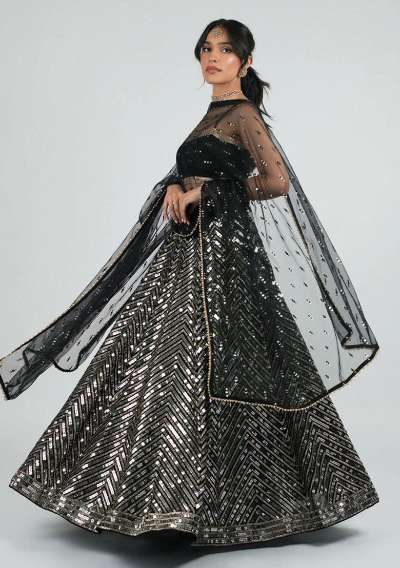 Black Embroidered Blended Lehenga Set With Dupatta - Indya