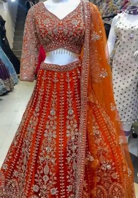 Orange Embroidered Blended Lehenga Set With Dupatta