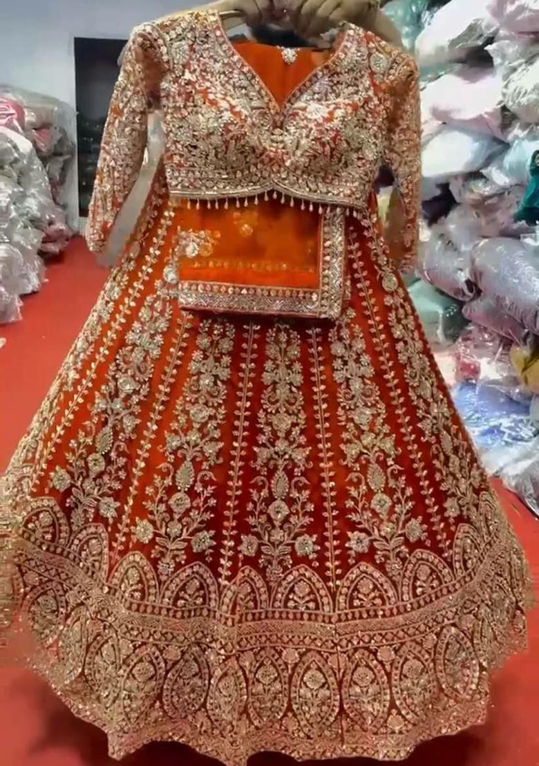 Orange Embroidered Blended Lehenga Set With Dupatta - Indya