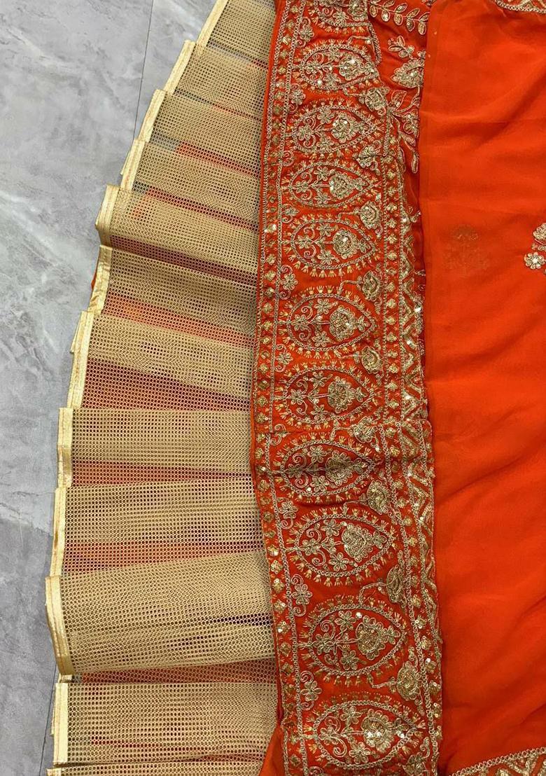 Orange Embroidered Blended Lehenga Set With Dupatta - Indya