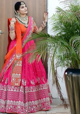 Pink Embroidered Blended Lehenga Set With Dupatta
