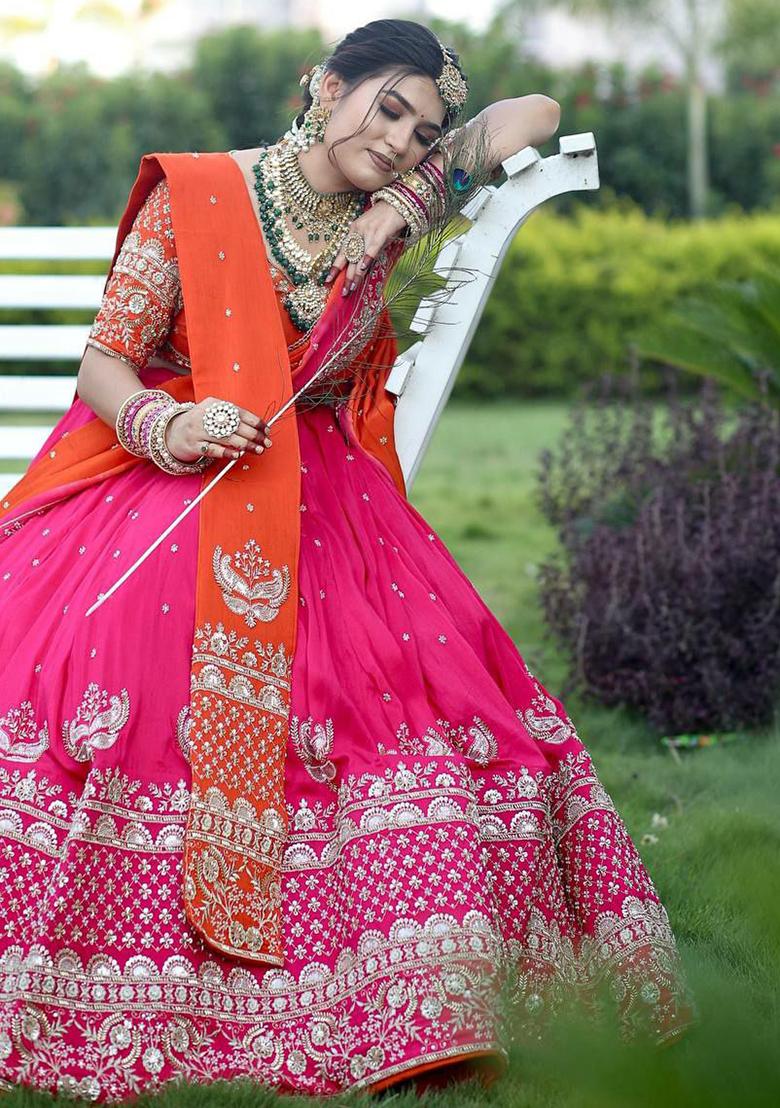 Pink Embroidered Blended Lehenga Set With Dupatta - Indya