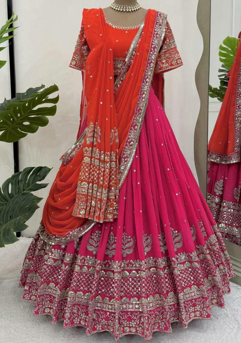 Pink Embroidered Blended Lehenga Set With Dupatta - Indya