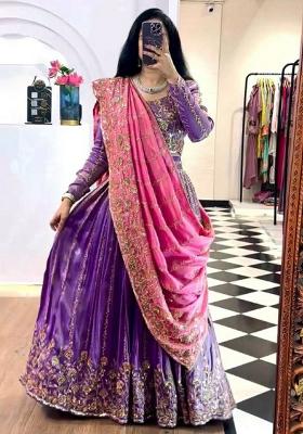 Burgundy Embroidered Blended Lehenga Set With Dupatta