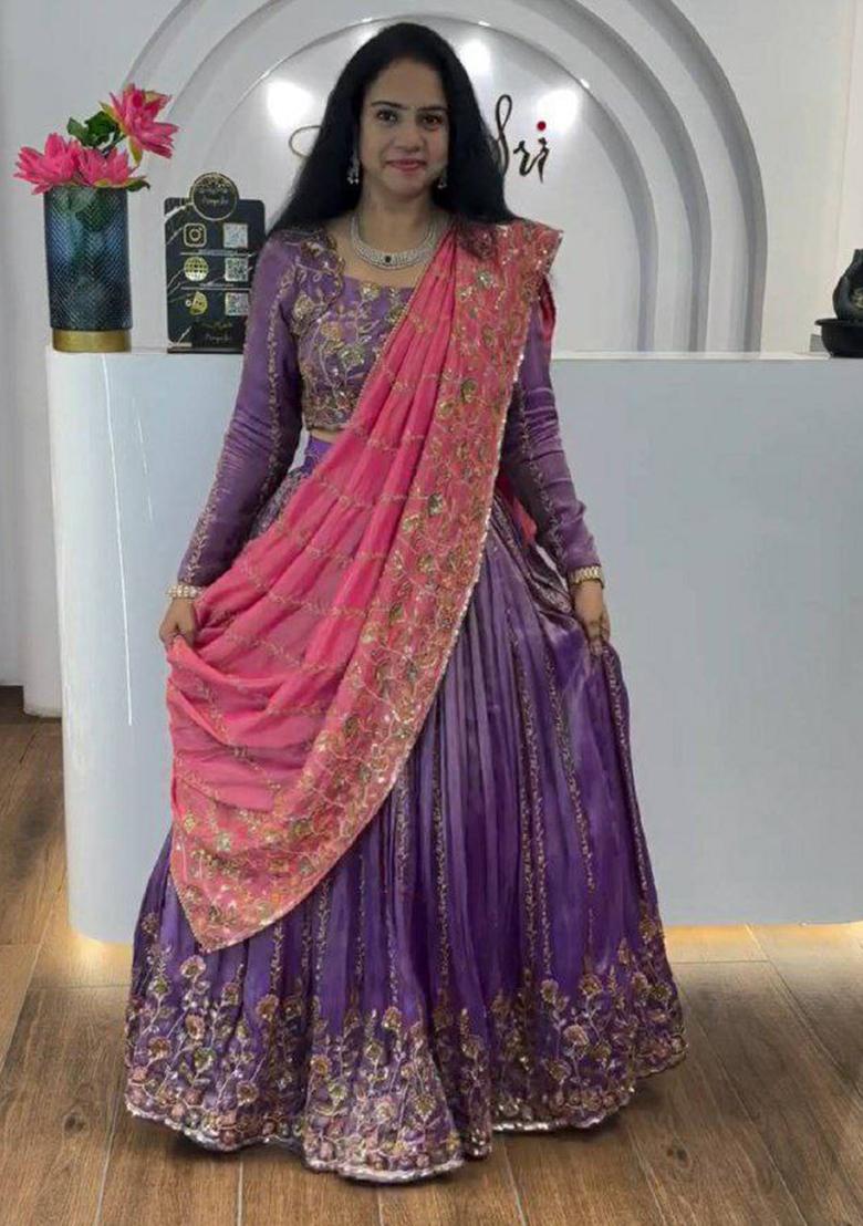 Burgundy Embroidered Blended Lehenga Set With Dupatta - Indya