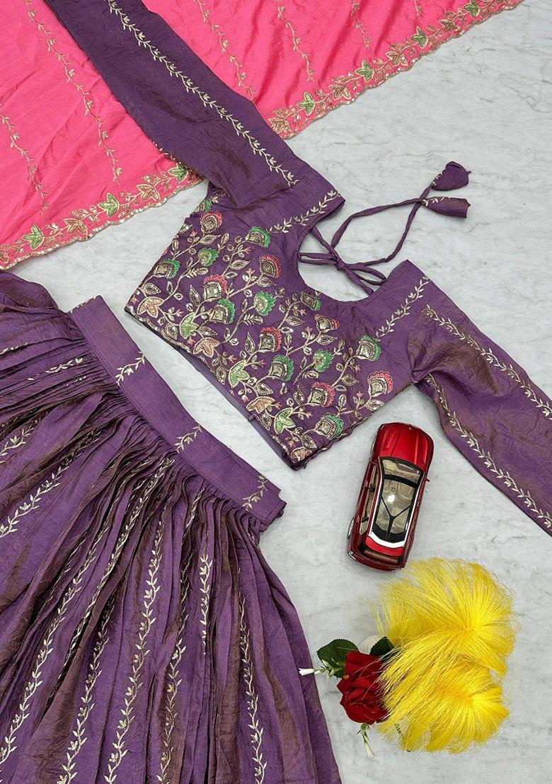 Burgundy Embroidered Blended Lehenga Set With Dupatta - Indya