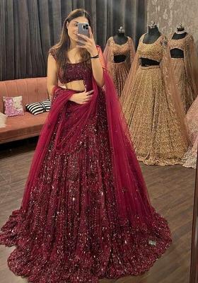 Red Embroidered Blended Lehenga Set With Dupatta