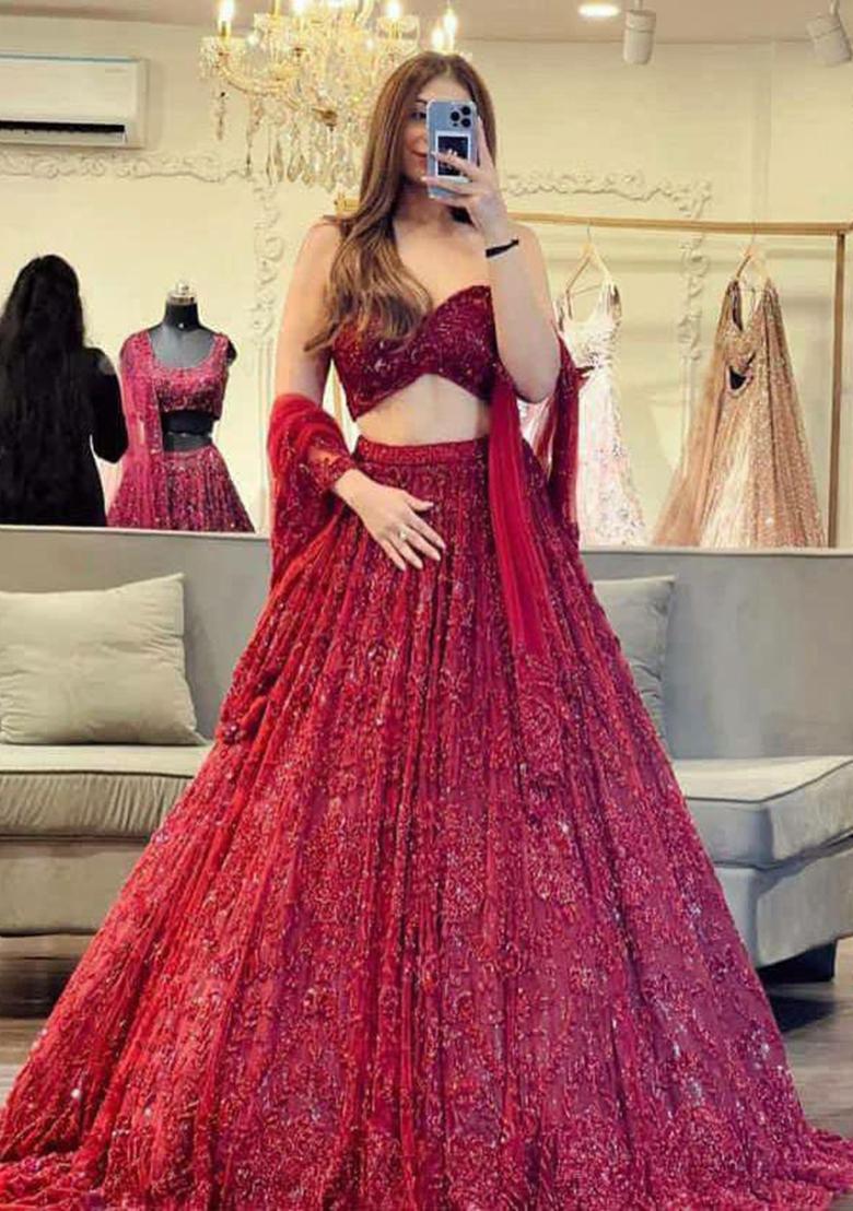 Red Embroidered Blended Lehenga Set With Dupatta - Indya
