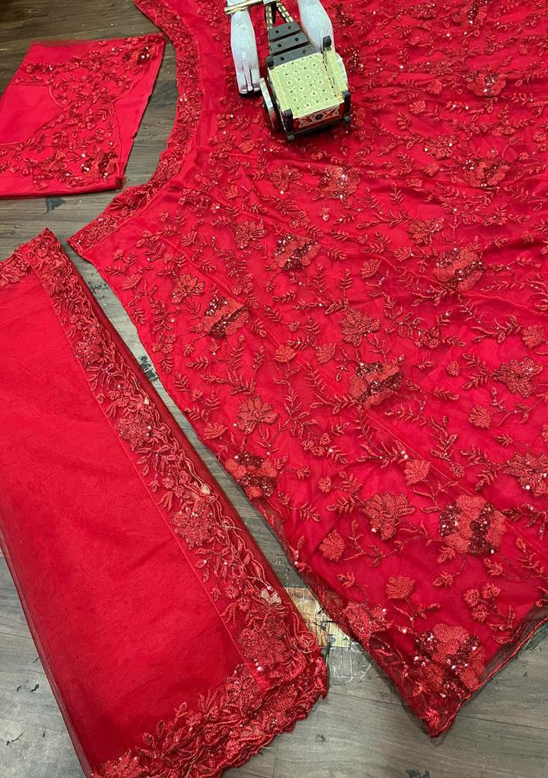 Red Embroidered Blended Lehenga Set With Dupatta - Indya