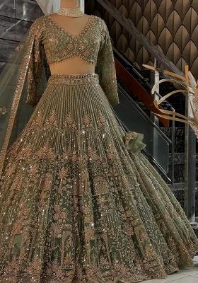 Olive Green Embroidered Blended Lehenga Set With Dupatta