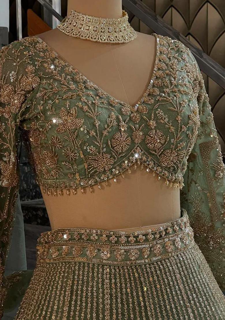 Olive Green Embroidered Blended Lehenga Set With Dupatta - Indya