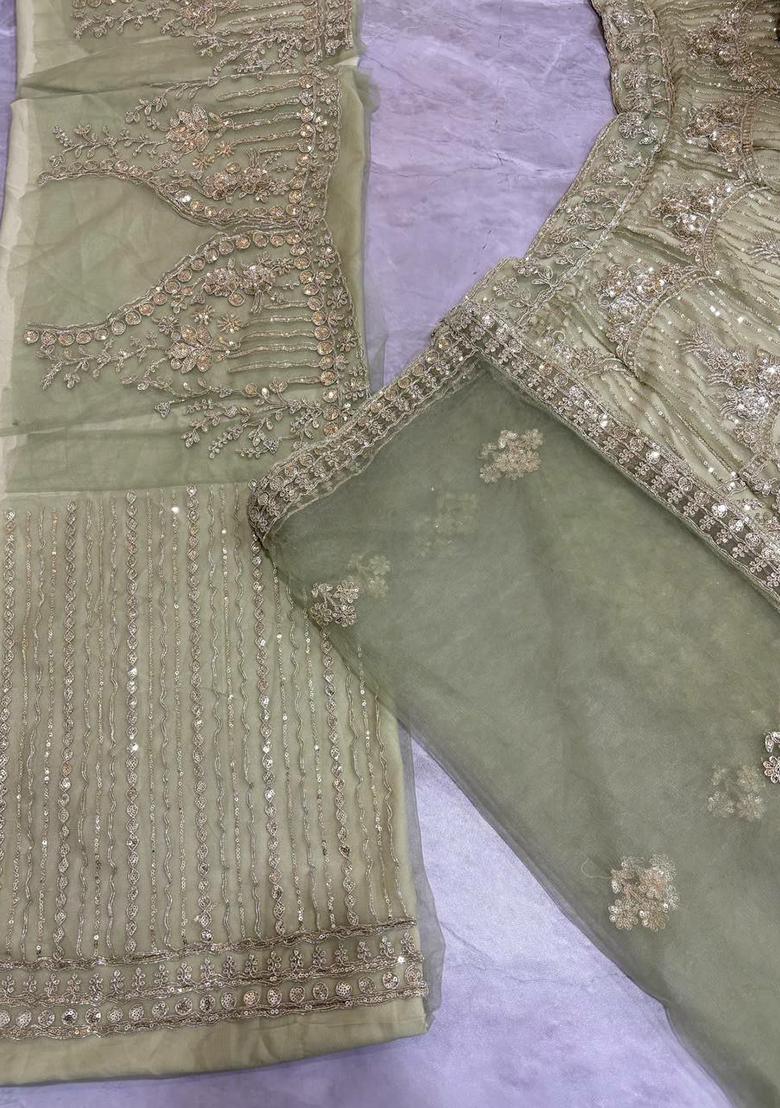 Olive Green Embroidered Blended Lehenga Set With Dupatta - Indya