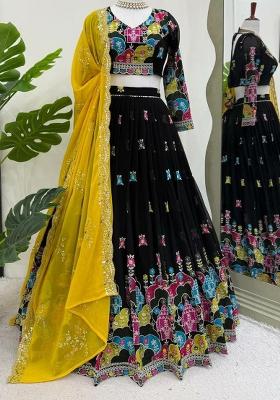 Black Embroidered Blended Lehenga Set With Dupatta