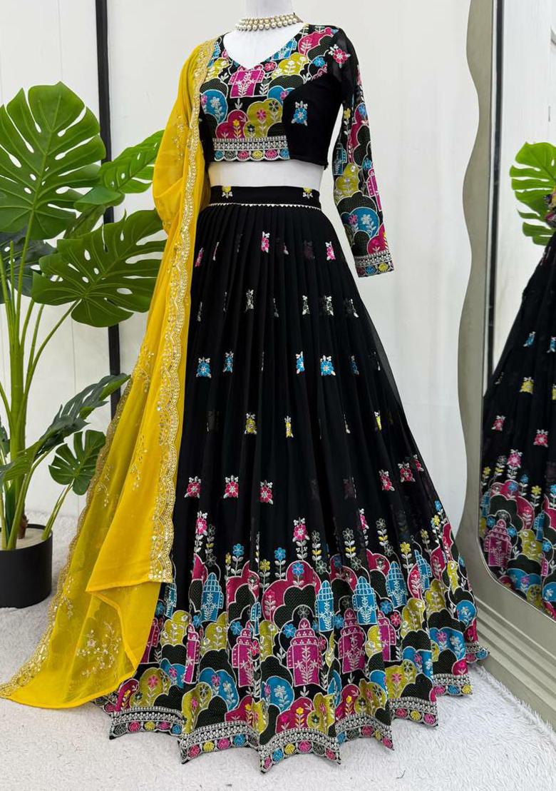 Black Embroidered Blended Lehenga Set With Dupatta - Indya