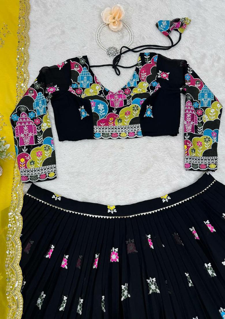 Black Embroidered Blended Lehenga Set With Dupatta - Indya