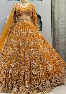 Yellow Embroidered Blended Lehenga Set With Dupatta
