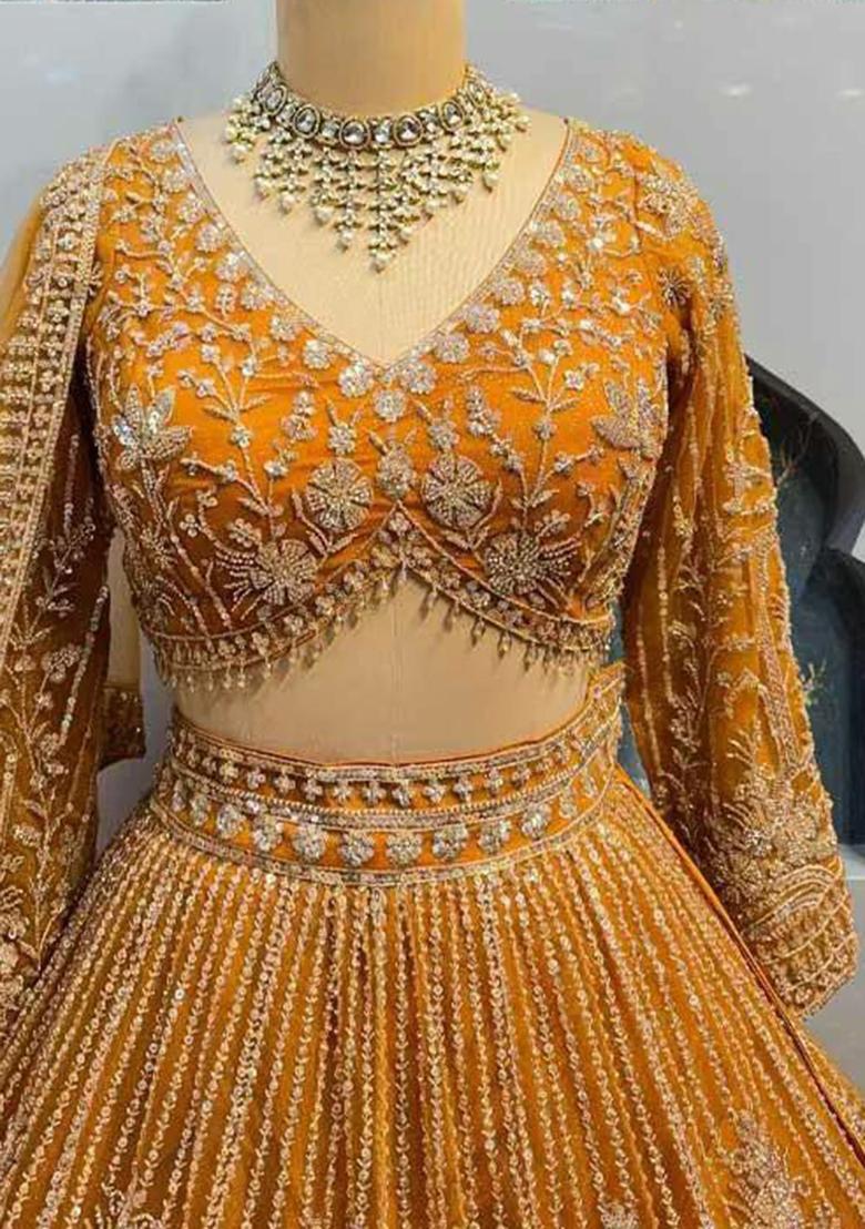Yellow Embroidered Blended Lehenga Set With Dupatta - Indya