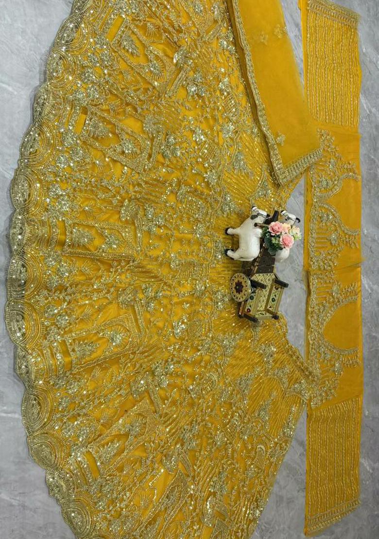 Yellow Embroidered Blended Lehenga Set With Dupatta - Indya