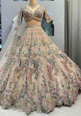 Cream Embroidered Blended Lehenga Set With Dupatta