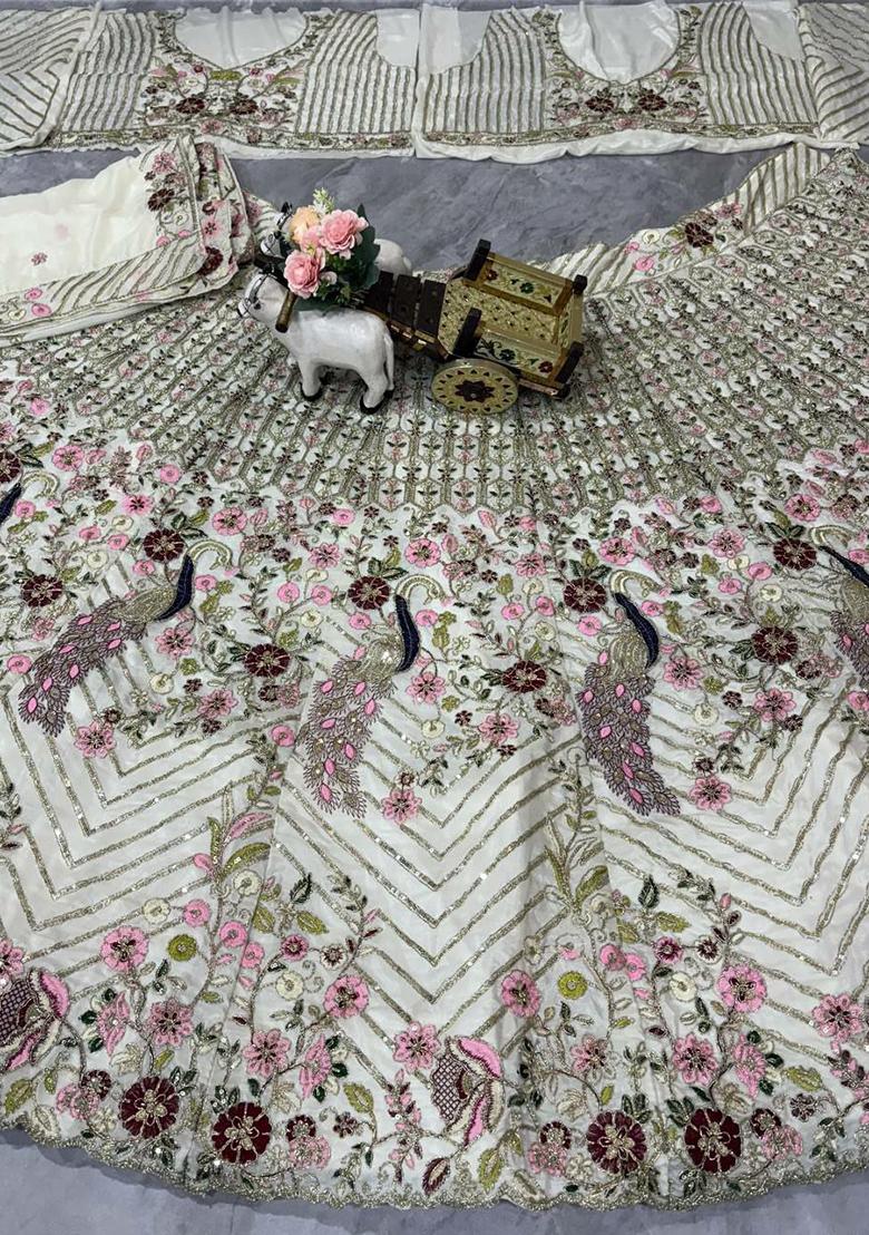 Cream Embroidered Blended Lehenga Set With Dupatta - Indya