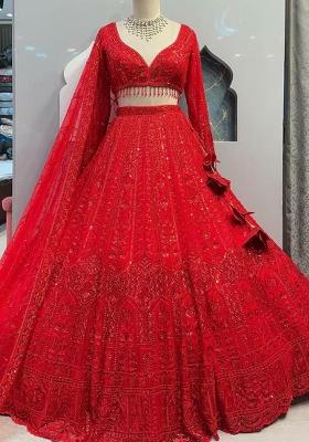 Red Embroidered Blended Lehenga Set With Dupatta