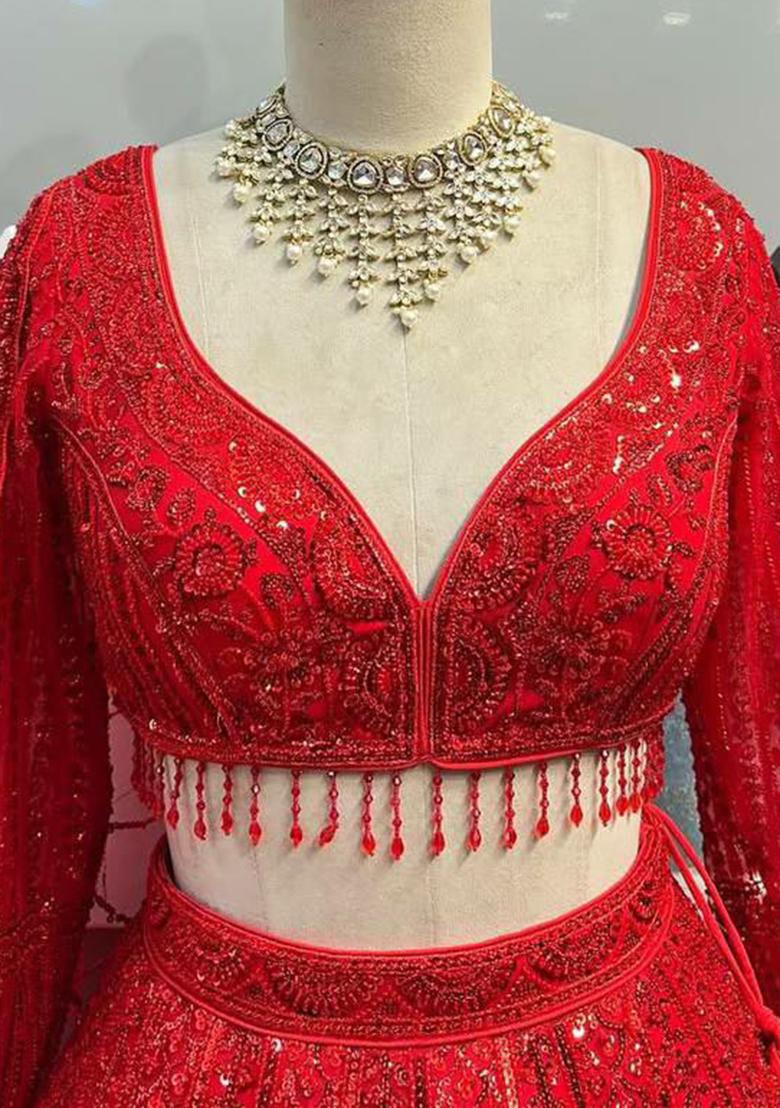 Red Embroidered Blended Lehenga Set With Dupatta - Indya