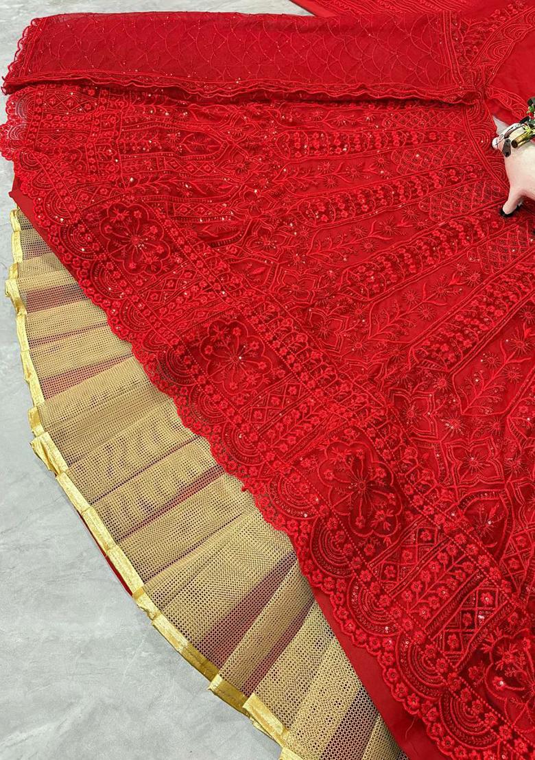 Red Embroidered Blended Lehenga Set With Dupatta - Indya
