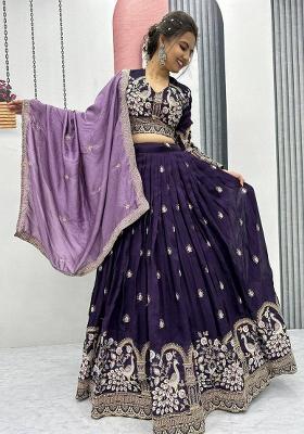 Purple Embroidered Blended Lehenga Set With Dupatta