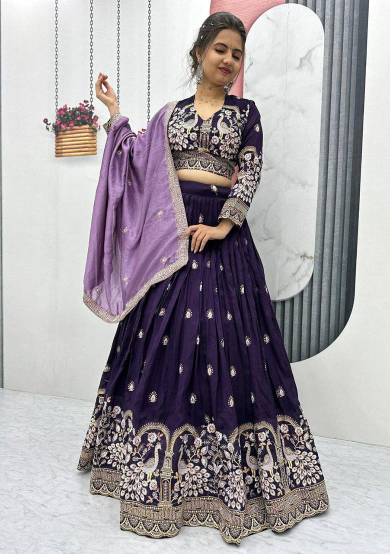 Purple Embroidered Blended Lehenga Set With Dupatta - Indya