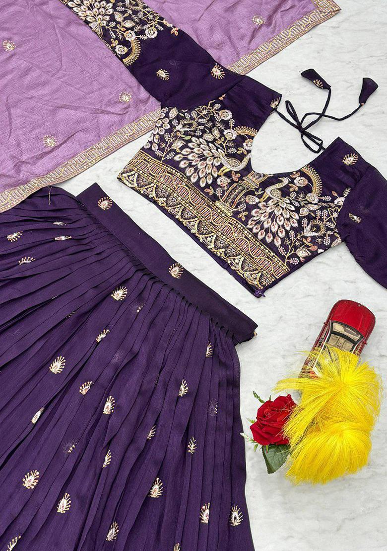 Purple Embroidered Blended Lehenga Set With Dupatta - Indya