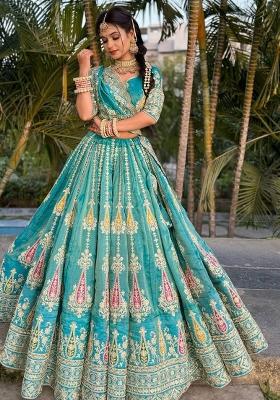 Sky Blue Embroidered Blended Lehenga Set With Dupatta