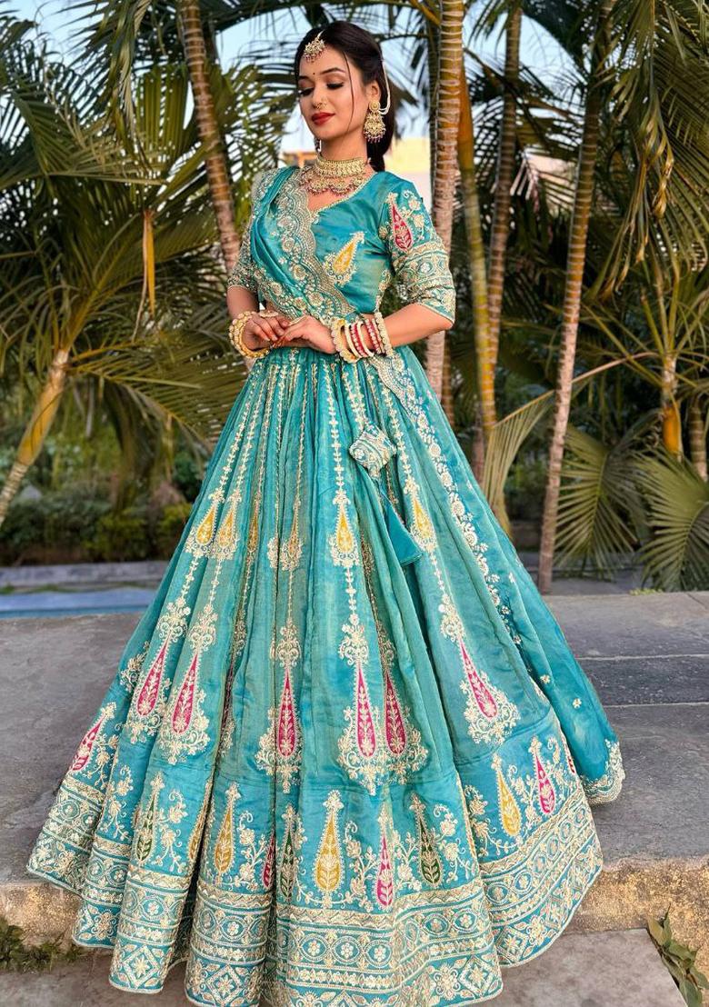 Sky Blue Embroidered Blended Lehenga Set With Dupatta - Indya