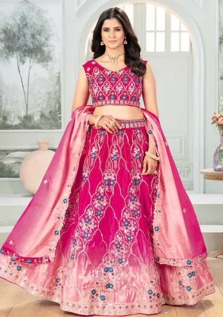 Pink Embroidered Blended Lehenga Set With Dupatta - Indya