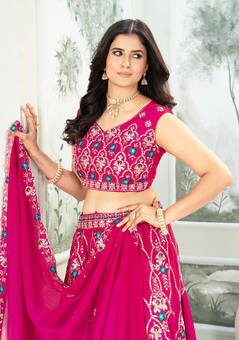 Pink Embroidered Blended Lehenga Set With Dupatta - Indya