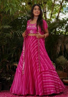 Pink Embroidered Blended Lehenga Set With Dupatta