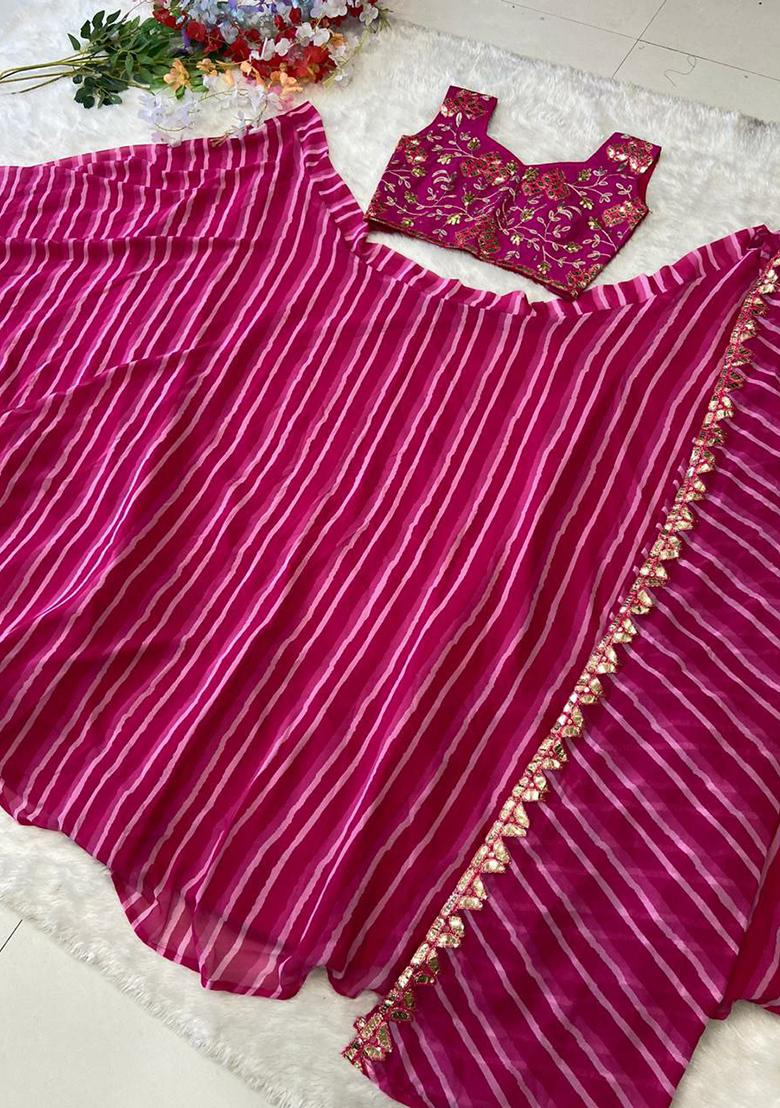 Pink Embroidered Blended Lehenga Set With Dupatta - Indya