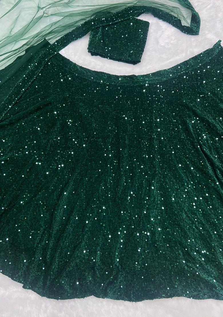 Dark Green Embroidered Blended Lehenga Set With Dupatta - Indya