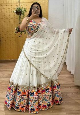 White Embroidered Blended Lehenga Set With Dupatta