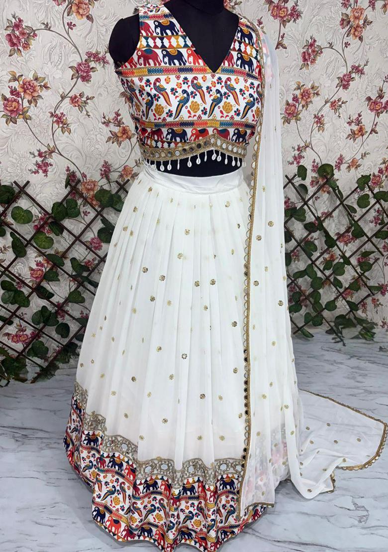 White Embroidered Blended Lehenga Set With Dupatta - Indya