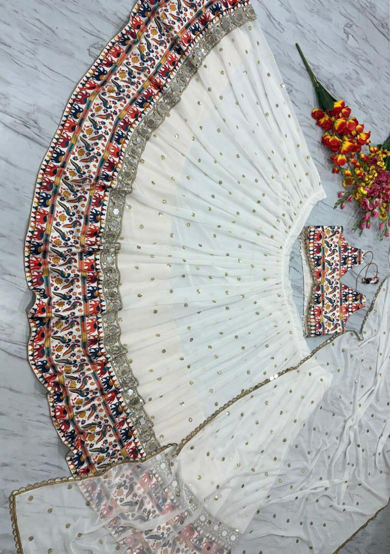 White Embroidered Blended Lehenga Set With Dupatta - Indya