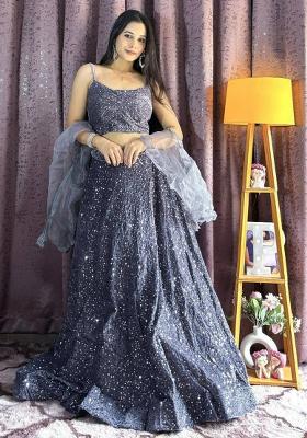 Burgundy Embroidered Blended Lehenga Set With Dupatta