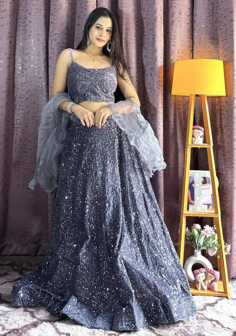 Burgundy Embroidered Blended Lehenga Set With Dupatta - Indya