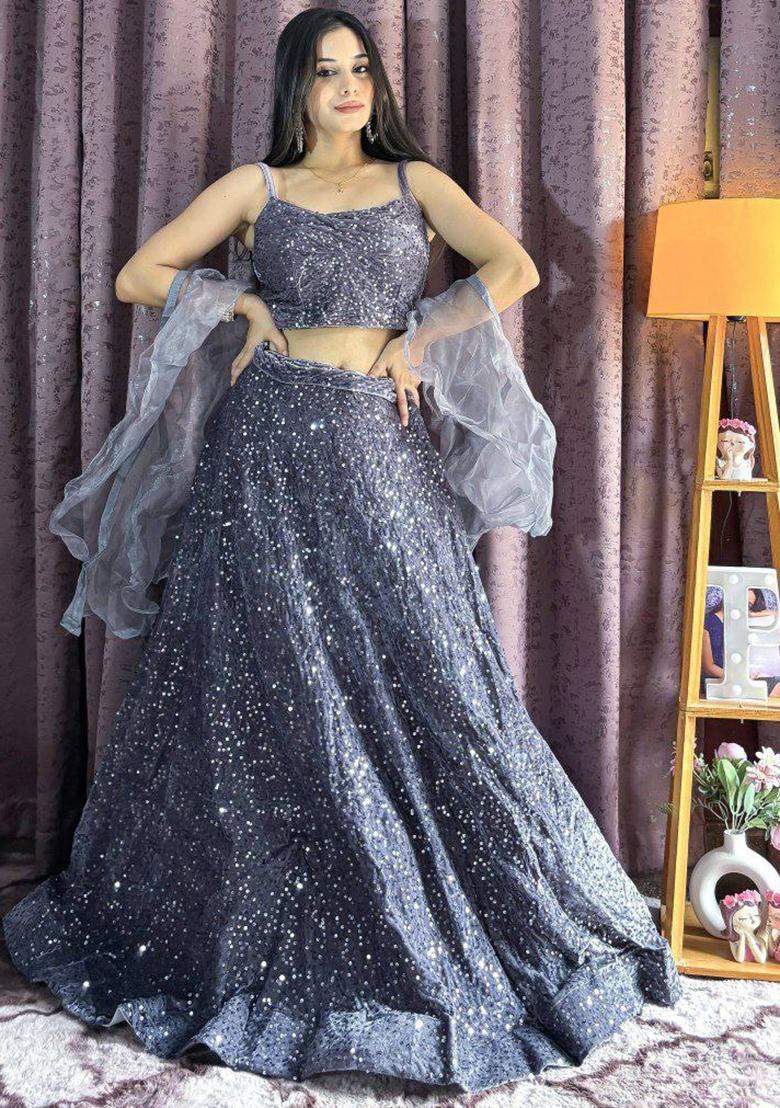 Burgundy Embroidered Blended Lehenga Set With Dupatta - Indya