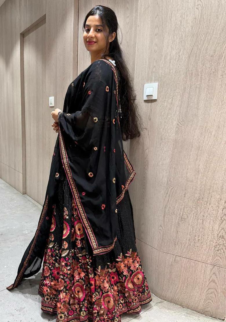 Black Embroidered Blended Lehenga Set With Dupatta - Indya