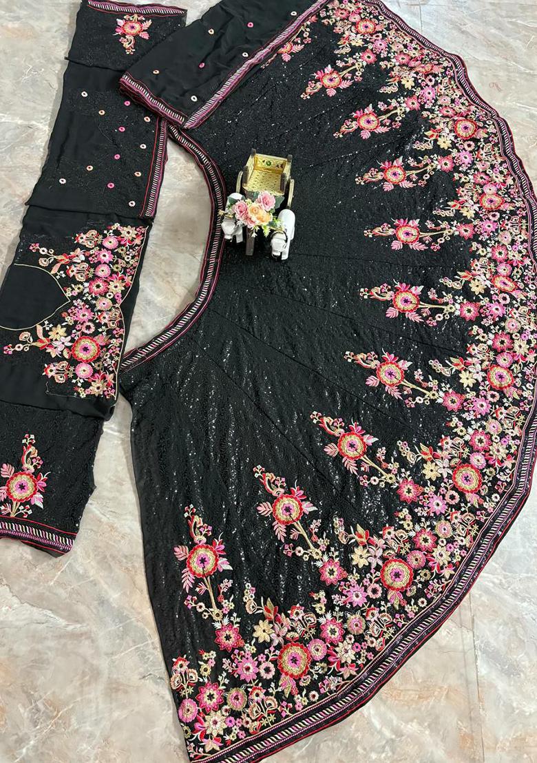 Black Embroidered Blended Lehenga Set With Dupatta - Indya