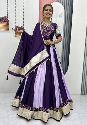 Purple Embroidered Blended Lehenga Set With Dupatta