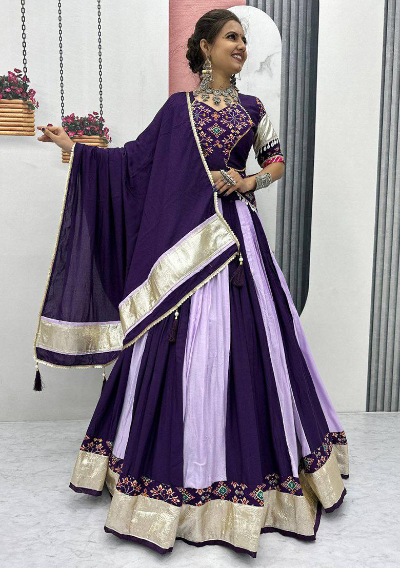Purple Embroidered Blended Lehenga Set With Dupatta - Indya