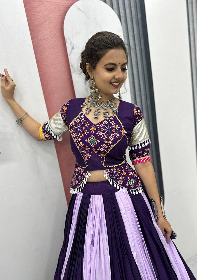 Purple Embroidered Blended Lehenga Set With Dupatta - Indya